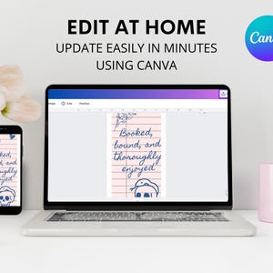 May include: A laptop and smartphone display a bookmark design with the text "Booked, bound, and thoroughly enjoyed." The design includes a skull and snake illustration. The Canva logo is visible.