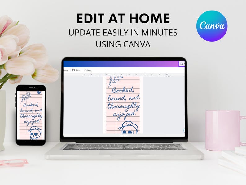 May include: A laptop and smartphone display a bookmark design with the text "Booked, bound, and thoroughly enjoyed." The design includes a skull and snake illustration. The Canva logo is visible.
