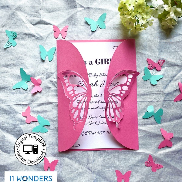 Gatefold 5x7" Wedding Invitation, Butterfly Monarch Trifold Invite for Cricut/Silhouette (Vector Svg Paper) Papercut Laser Cut Template