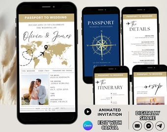 May include: Five smartphones display digital wedding invitation templates with a passport theme. The screens show text including Passport to Wedding, The Details, The Itinerary, and RSVP, featuring a world map, compass, and couple photo.