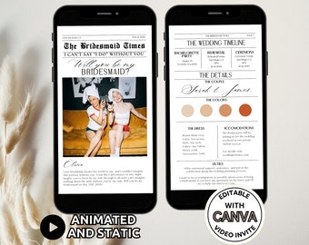 Digital Newspaper Bridesmaid Proposal Card Template, Animated Bridesmaid Proposal Invite, Will You Be My Bridesmaid Photo Card Editable