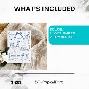 May include: A printable 5x7 inch invitation template for a 25th birthday party. The invitation features a blue and white illustration of a martini glass with the text "Twenty Fine" and "Sophia's 25th Birthday". The invitation also includes a "How to Guide" for customizing the template.