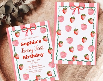 Berry First Birthday Party Invitation Template, Strawberry 1st Birthday Invite Wavy Stripes 1st Birthday Dinner Celebration Invite Printable