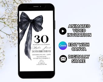 Black Bow 30th Birthday Invitation Template, Girl Coquette Birthday Party Invite, Animated 30 Thirty Birthday Dinner Digital Evite Phone