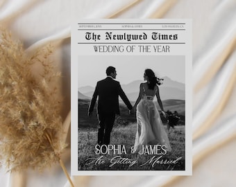 Zeitung Hochzeitsprogramm Vorlage, bearbeitbares Hochzeitszeitungspapierprogramm, druckbares Hochzeitsinfografik, gefaltetes Hochzeitstagsprogramm Tabloid