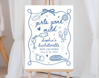 Girls Gone Mild Bachelorette Party Welcome Sign, Hand Drawn Wine Bach Party Decor, Spa Pajama Slumber Party Bach Girls Trip Signage Editable
