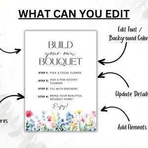 Flower Bar Sign, Build your own Bouquet Print Template, Floral Bridal Shower Sign, Flower Bar Cart Poster Wildflower Baby Shower Printable image 7