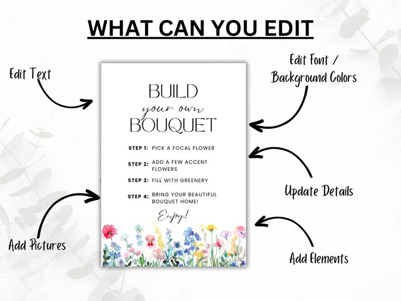 Flower Bar Sign, Build your own Bouquet Print Template, Floral Bridal Shower Sign, Flower Bar Cart Poster Wildflower Baby Shower Printable image 7