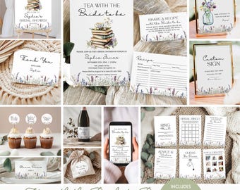 Op de afbeelding: Een bruidsdouche-stationeryset met bloemillustraties van lavendel en wilde bloemen. Bevat uitnodigingen, receptkaarten, bedankkaartjes, borden, cupcake-toppers en spelkaarten met de tekst Tea with the Bride to be.