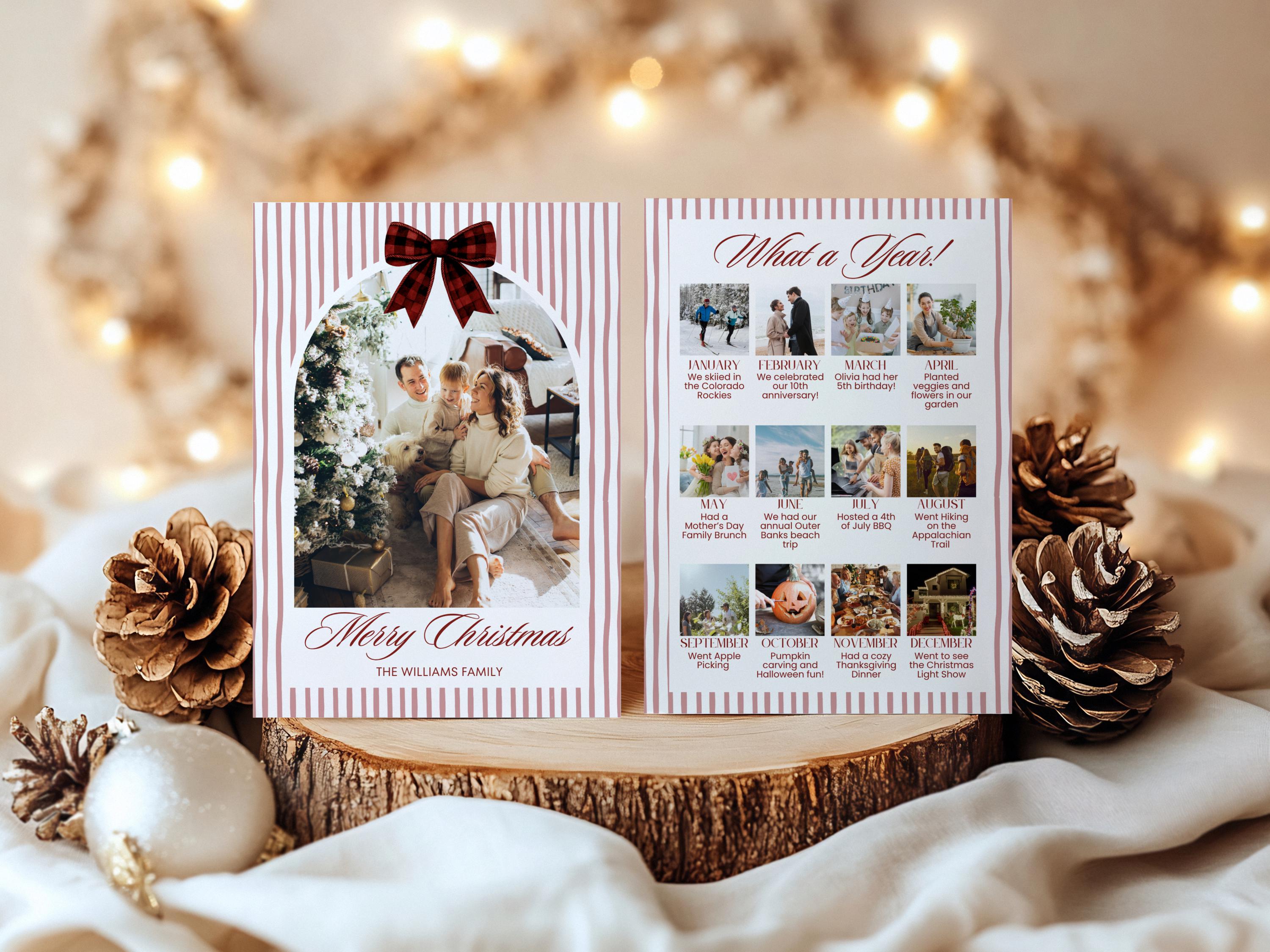 Holiday Photo Card Template, Red Bow Stripe Christmas Card, Printable ...