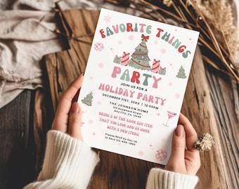 Favorite Things Holiday Party Invitation Template, Christmas Gift Exchange Invite, Pink Retro Girls Night Christmas Party Invite Printable