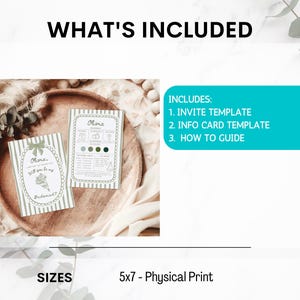 May include: Two invitation cards with the name "Olivia" and the text "Will you be my bridesmaid?" are displayed on a wooden plate. The cards have a green and white striped design. The image also includes a list of what's included: Invite template, info card template, and how to guide.