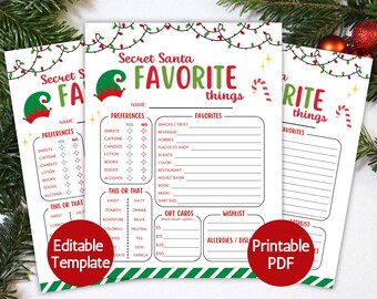 Secret Santa Survey Questionnaire, Christmas Gift Exchange, Favorite Things Coworker Gift Idea Sheet, Holiday Party Present Swap Wishlist