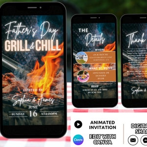 Digital Father's Day Invitation Template, Grill and Chill BBQ Invite Animated, Cookout Happy Father's Day Party Celebration Invite Phone