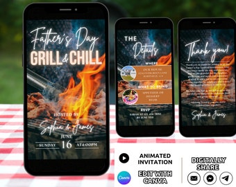 Sjabloon voor digitale Vaderdaguitnodiging, Grill en Chill BBQ-uitnodiging Geanimeerd, Cookout Happy Father's Day Party Celebration Uitnodiging Telefoon