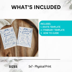 May include: Two printable cards for a hen party. One card says "pfs and prosecco to" and the other says "weekend itinerary". The cards are on a wooden surface. The text "INCLUDES: 1. INVITE TEMPLATE 2. ITINERARY TEMPLATE 3. HOW TO GUIDE" is in a blue box. The text "SIZES 5x7 - Physical Print" is below the cards.