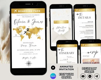 May include: Digital boarding pass wedding invitation templates displayed on five smartphones. The designs feature a gold world map, airplane icons, and text including Boarding Pass, Olivia & James, Destination: Paris, France, The Details, The Itinerary, and RSVP.