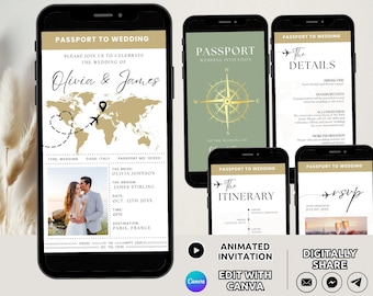 May include: Digital wedding invitation templates displayed on five smartphone screens. The designs feature a passport theme with gold world maps, compasses, and travel icons. Text includes Passport to Wedding, The Details, The Itinerary, and RSVP, alongside placeholders for names, dates, and locations.