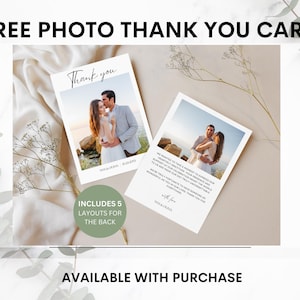 May include: Two photo thank you cards with wedding photos. One card says "Thank you" with a photo of a couple. The other card has a message. The text "FREE PHOTO THANK YOU CARD" and "INCLUDES 5 LAYOUTS FOR THE BACK" are also visible.