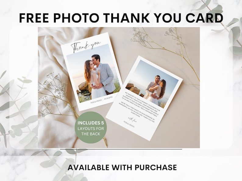 May include: Two photo thank you cards with wedding photos. One card says "Thank you" with a photo of a couple. The other card has a message. The text "FREE PHOTO THANK YOU CARD" and "INCLUDES 5 LAYOUTS FOR THE BACK" are also visible.