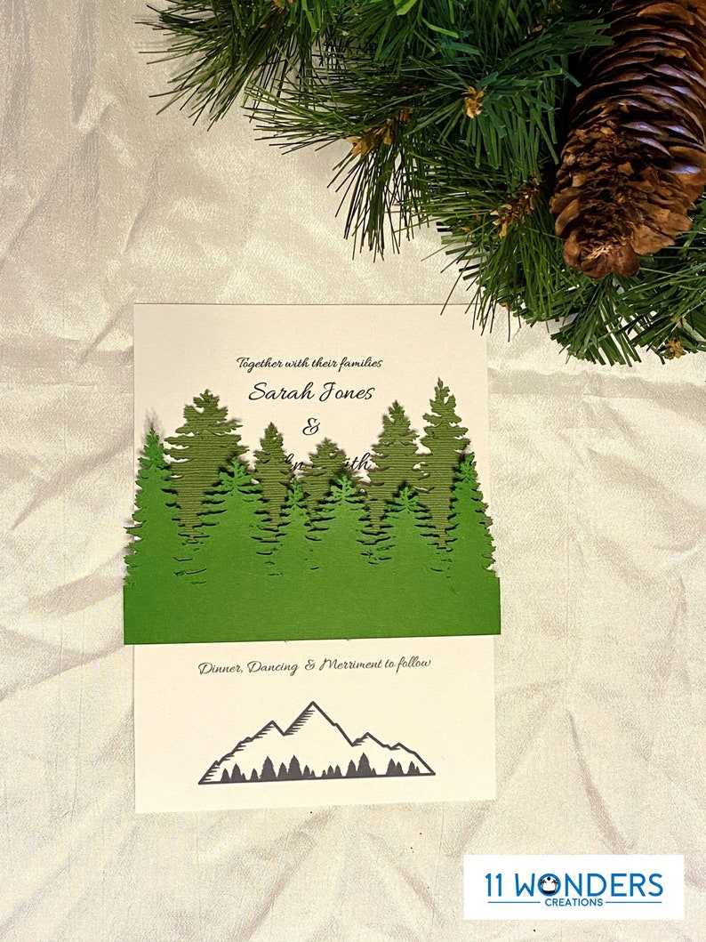 Forest Wedding Invitation Belly band, Pine Tree Holiday 5x7 invite Cricut/Silhouette Vector Svg Dxf Eps Paper Papercut Laser Cut Template image 1