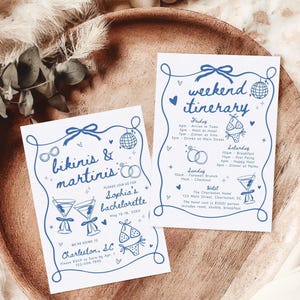 Plantilla de invitación e itinerario para despedida de soltera con temática de bikinis y martinis, invitación dibujada a mano para una fiesta de fin de semana en la playa o en la piscina con temática de martinis. Viaje de chicas.
