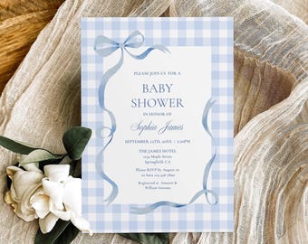 Modello di invito per baby shower a quadretti blu, invito per baby shower a quadri con fiocco, invito per brunch classico vintage "It's a Boy" modificabile e stampabile