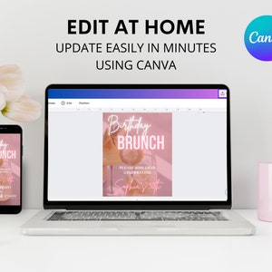 K&ouml;nnte beinhalten: Eine digitale Einladung in Rosa und Wei&szlig; f&uuml;r einen Geburtstagsbrunch. Die Einladung zeigt ein Foto eines Glases Mimosa vor einem rosafarbenen Hintergrund. Der Text auf der Einladung lautet "Birthday Brunch" und "Please join us in celebrating Sophia's 50th".