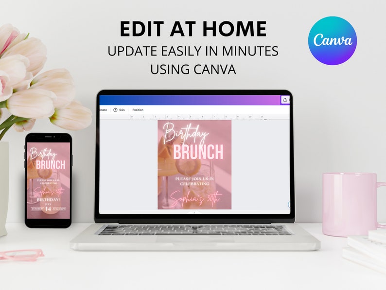 K&ouml;nnte beinhalten: Eine digitale Einladung in Rosa und Wei&szlig; f&uuml;r einen Geburtstagsbrunch. Die Einladung zeigt ein Foto eines Glases Mimosa vor einem rosafarbenen Hintergrund. Der Text auf der Einladung lautet "Birthday Brunch" und "Please join us in celebrating Sophia's 50th".