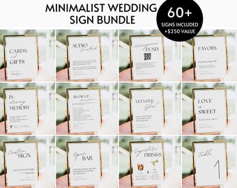 Wedding Sign Bundle Template,  Modern Minimalist Wedding Signs, 60+ Reception Sign Set, Boho Script Wedding Table Signs Editable Printable