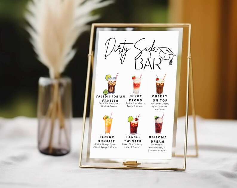 May include: A gold-framed sign with the words "Dirty Soda BAR" and illustrations of six soda drink recipes. The recipes include ingredients like vanilla syrup, cherry syrup, and cream. A graduation cap graphic is at the top.