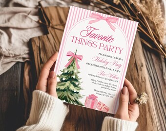 Invito per la festa di Natale con le cose preferite, invito per lo scambio di regali di Natale, cocktail party natalizio tra ragazze con fiocco rosa, festa di Natale tra amiche