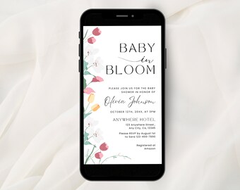Baby in Bloom Invitation Digital Template, Animated Baby Shower Invite, Wildflower Baby Shower evite, Spring Summer Floral Shower Editable
