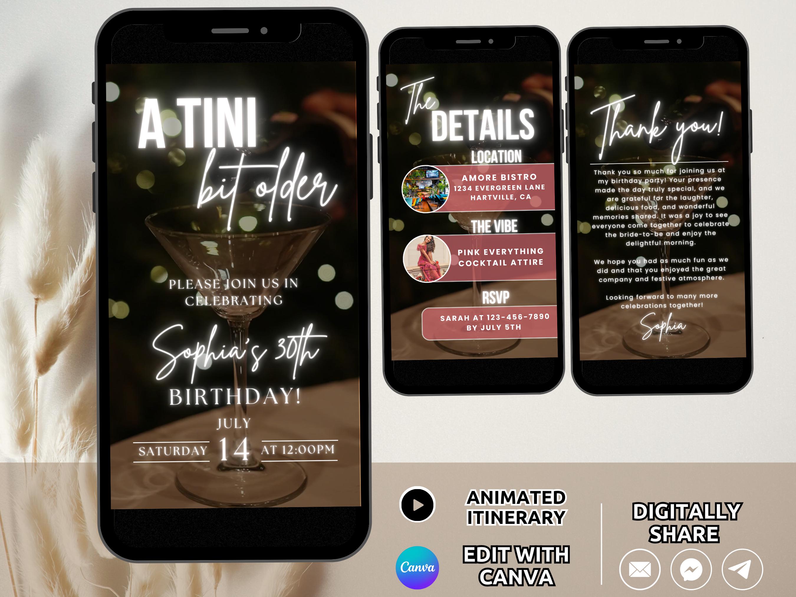 Digital Cocktail Birthday Party Invitation Template, A Tini Bit Older Invite Animated Martini Party Birthday Dinner Celebration Invite Phone