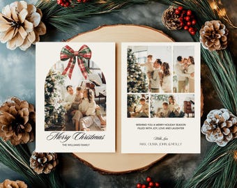 May include: A two-sided holiday greeting card featuring a family photo inside an arched frame with a red and green plaid bow. The back displays three photos and the text: WISHING YOU A MERRY HOLIDAY SEASON FILLED WITH JOY, LOVE AND LAUGHTER. With Love, MAX, OLIVA, JOHN, & MOLLY.