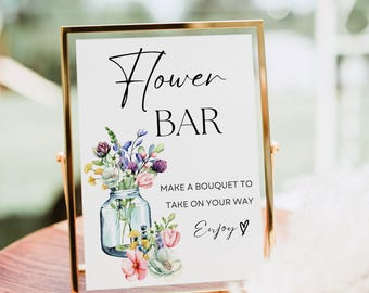 Flower Bar Sign, Wildflower Bouquet Bar Print Template, Floral Bridal Shower Sign, Flower Bar Cart Poster Modern Baby Shower Decor Printable