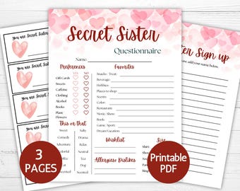 Pode incluir: Um conjunto de três páginas de questionário e inscrição Secret Sister em PDF imprimível. Cada página apresenta um fundo branco com corações em aquarela rosa no topo. O texto inclui seções para preferências, favoritos e lista de desejos.