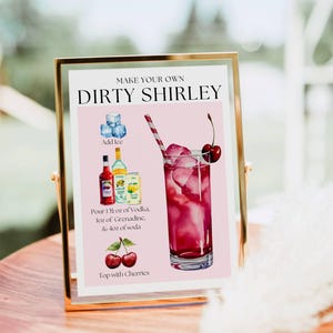 Znak Dirty Shirley Bar, wydruk koktajlu Shirley Temple, szablon menu Signature Drink Bar, przepis na wystrój wieczoru panieńskiego Cherry Cocktail