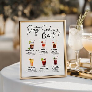 May include: A framed sign with a gold border displays the words "Dirty Soda Bar" and illustrations of six soda cocktails. The cocktails are labeled with names like "Valedictorian" and "Berry Proud", with ingredients listed below each.