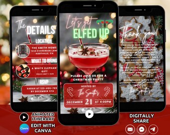 Digitale 'Let's get Elfed' kerstuitnodiging, uitnodiging voor een kerstfeest, uitnodiging voor een kerstcocktailparty met vrienden, uitnodiging voor kerstborrel per telefoon