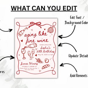 May include: A customizable invitation with a wine theme. The design features the phrase "aging like fine wine" in red script, along with wine-related illustrations. Text prompts indicate options to edit text, add pictures, and update details.