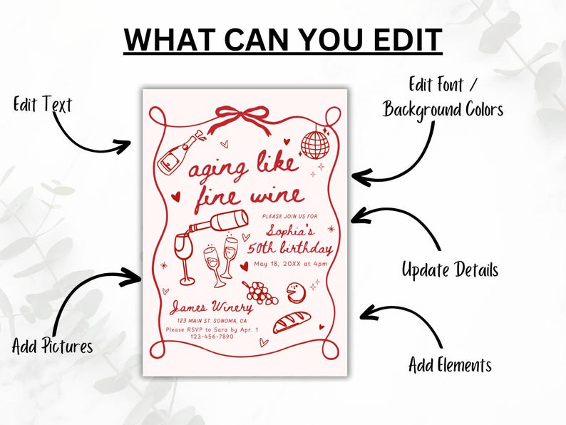 May include: A customizable invitation with a wine theme. The design features the phrase "aging like fine wine" in red script, along with wine-related illustrations. Text prompts indicate options to edit text, add pictures, and update details.