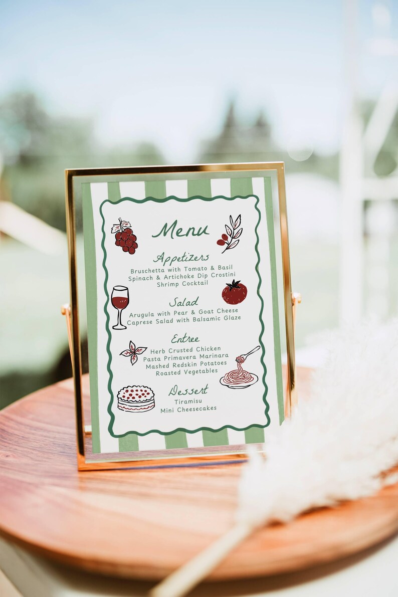 Hand Drawn Menu Template, Wedding Menu Sign, Wavy Green Stripes Shower ...