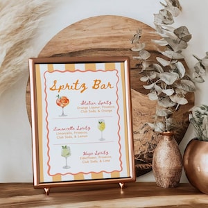 May include: A framed sign with the text "Spritz Bar" and drink recipes. The sign is in a copper-colored frame and is propped up on a wooden surface. Decorative vases and plants are in the background.