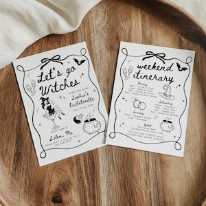 Könnte beinhalten: Zwei weiße rechteckige Karten mit schwarzen Illustrationen und Text. Die linke Karte zeigt Let's go Witches, Sophia's bachelorette, Salem, MA. Die rechte Karte zeigt weekend itinerary mit einem Zeitplan für Freitag bis Sonntag.