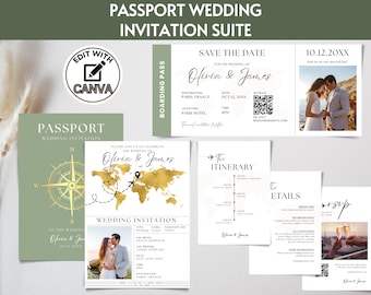 Passport Wedding Invitation Suite Template, Destination Wedding Invite Gold, Travel Theme Boarding Pass Wedding Invite Bundle RSVP Editable