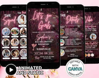 Digital Let's Go Girls Nashville Bachelorette Party Invitación Video Pink Nash Bash Bachelorette Weekend Phone Invitar Viaje Itinerario Plantilla