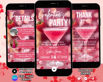 Digital Galentine's Party Invitation Template, Valentines Party Invite Girls Night Cocktail party Berry Pink Galentines Drinks Invite Phone