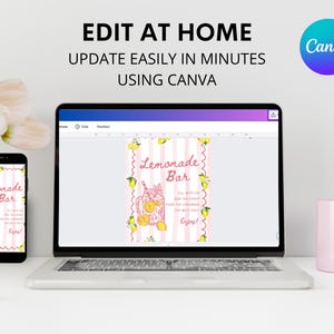 May include: A laptop and smartphone display a pink and white striped "Lemonade Bar" design with lemon illustrations. The text "EDIT AT HOME, UPDATE EASILY IN MINUTES USING CANVA" is at the top. A pink mug and flowers are also in the image.