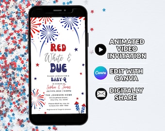 4th of July Baby Shower Invitation Template, Digital Patriotic Red White and Due Shower Invite Animated, BBQ BabyQ Celebration Invite Phone